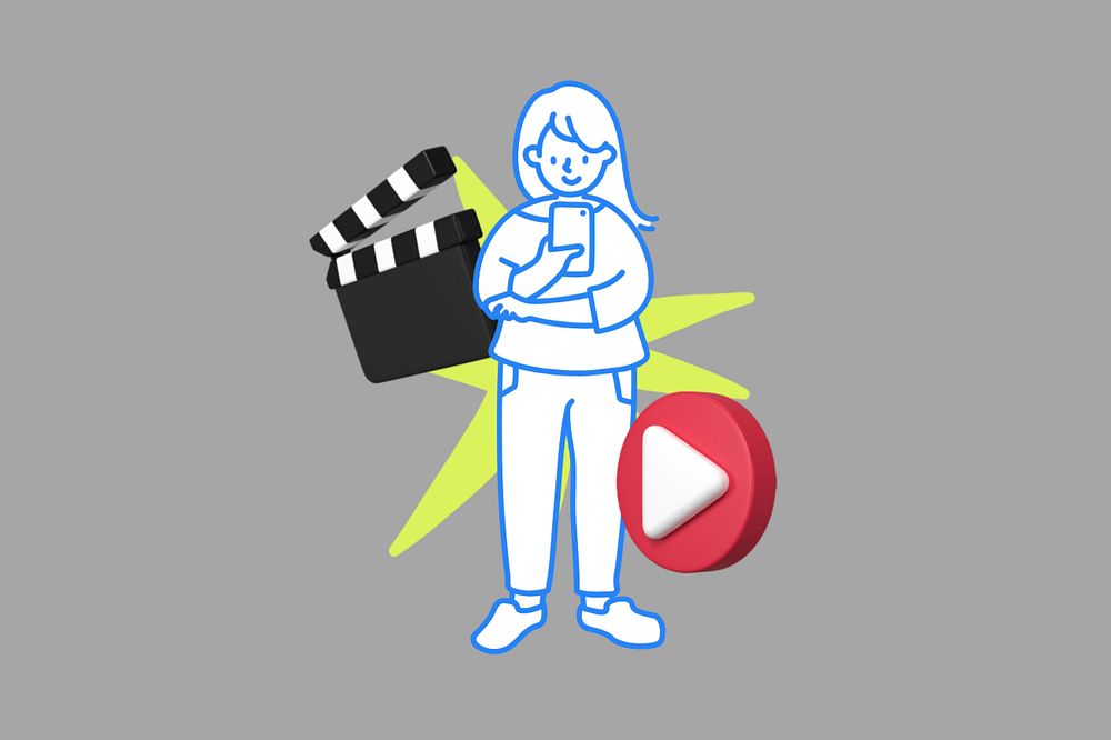 Doodle woman watching video, grey editable design