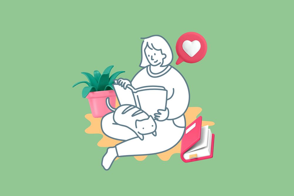 Doodle woman reading, green editable design