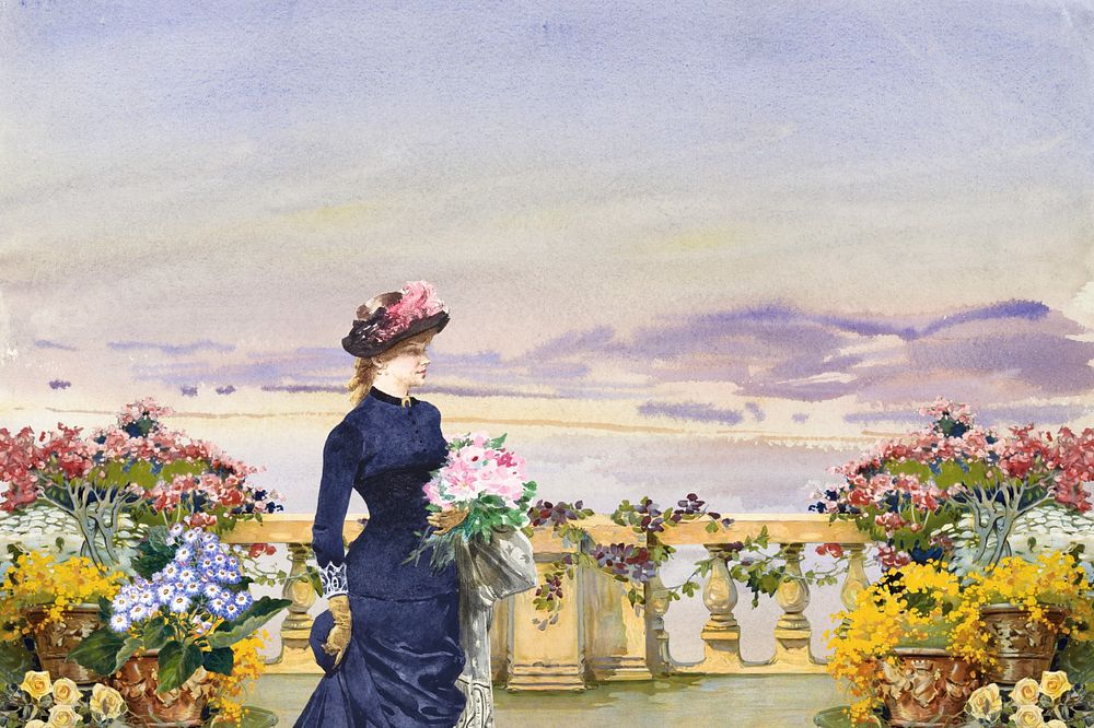 Watercolor Victorian woman at balcony, editable remix design