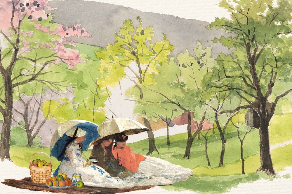 Watercolor girls in a park, editable remix design