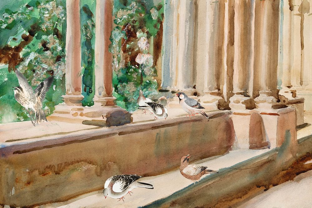 Watercolor birds at balcony, editable remix design