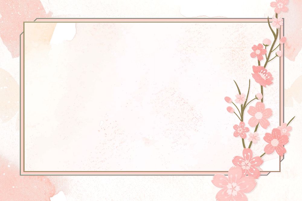 Pink flower border on watercolor background, editable design