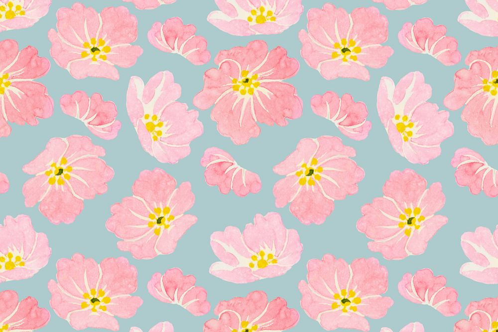 Pink floral pattern desktop wallpaper, blue background