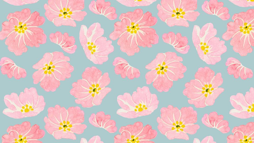 Pink floral pattern desktop wallpaper, blue background