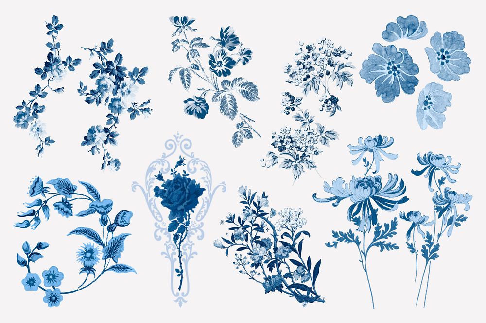 Vintage flower painting aesthetic set collection, blue, monochromatic