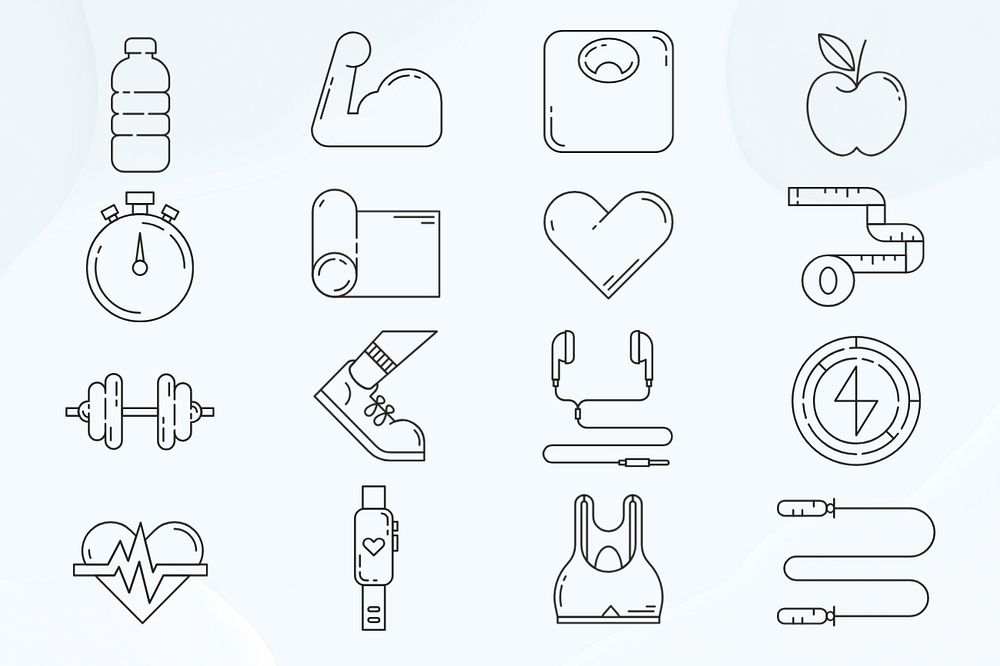 Fitness, health & wellness icons, black line art collection