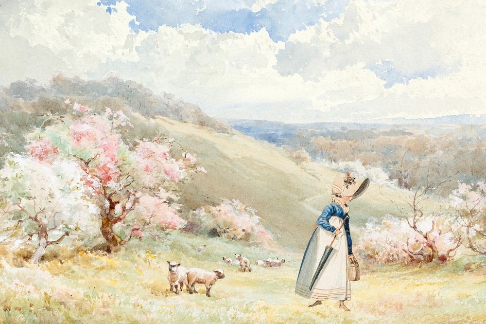 Watercolor woman at field, editable remix design