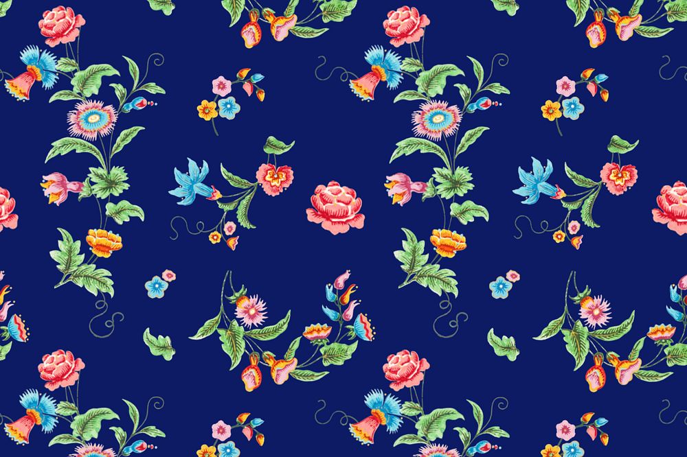 Vintage colorful flower pattern, blue background