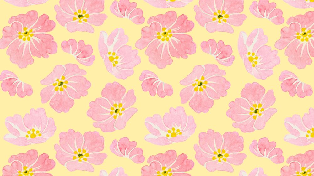 Pink floral pattern desktop wallpaper, yellow background