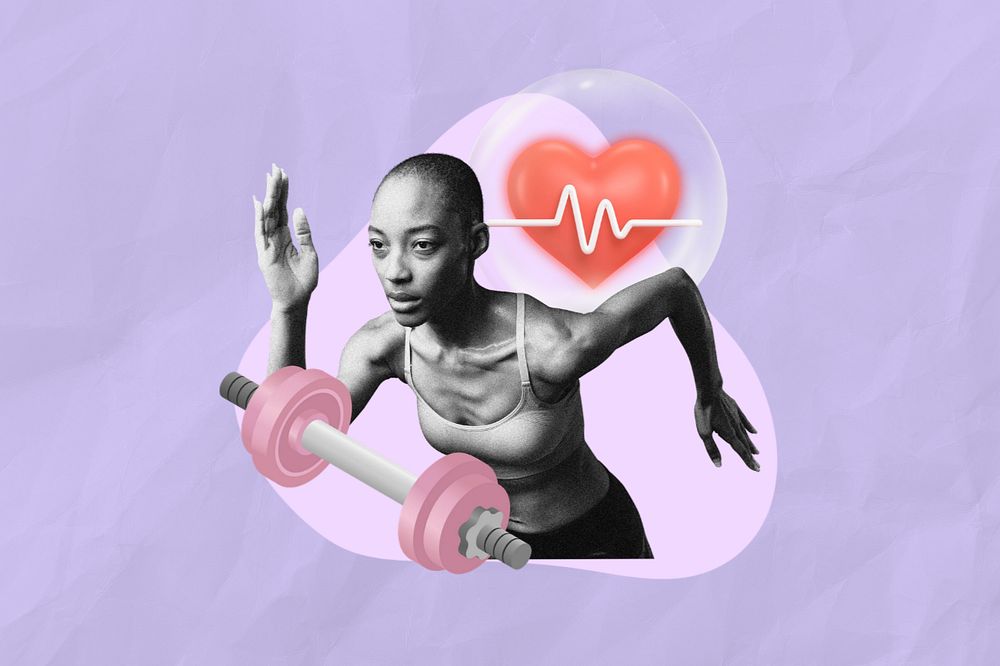 Exercise woman, purple color, 3d remix, editable design