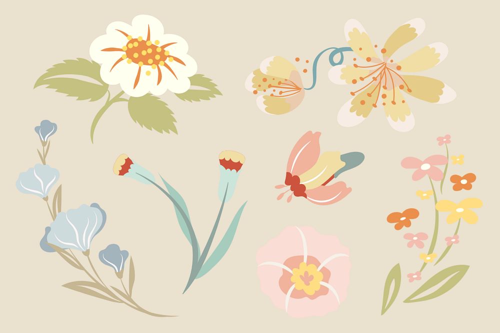 Editable flower collage elements, pastel doodle set