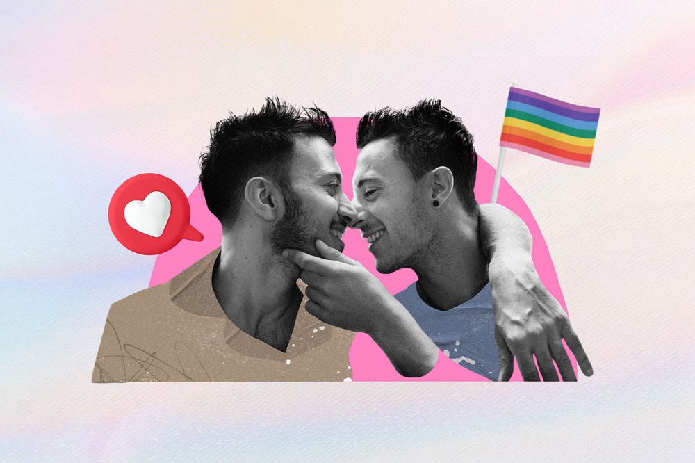 Lgbt couple, pastel color, 3d remix, editable design