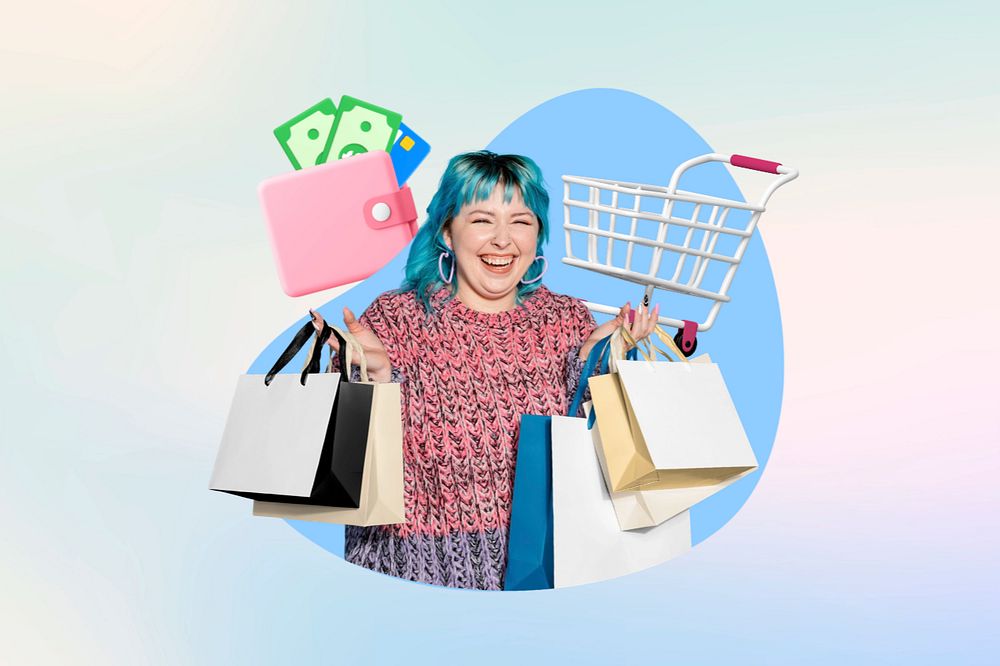 Shopping woman, blue color, 3d remix, editable design