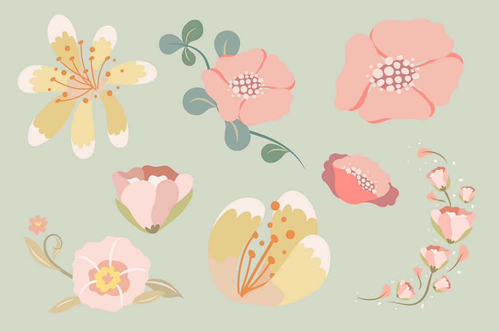 Editable flower collage elements, pastel doodle set