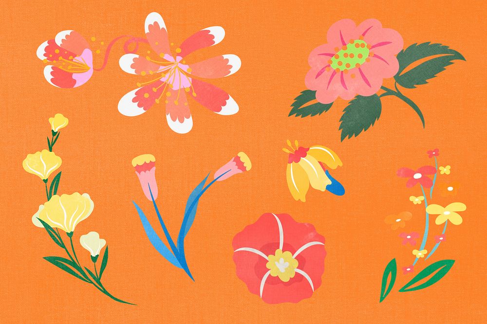 Editable flower collage elements, colorful doodle set