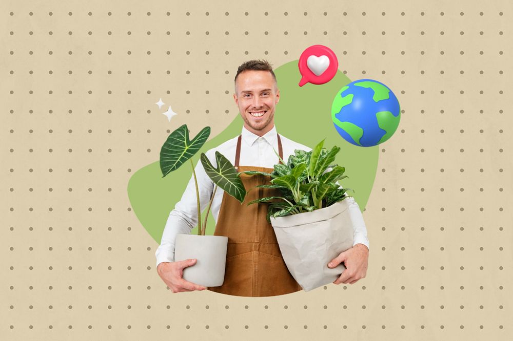 Man holding houseplant, creative environment  editable remix