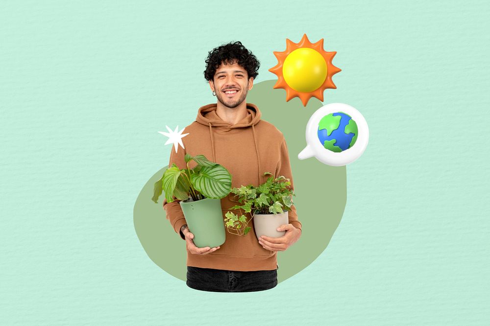 Man holding houseplant, creative environment  editable remix