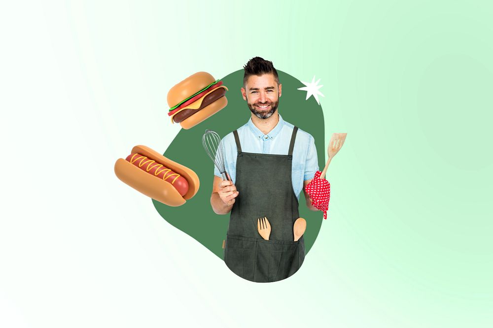 Man wearing apron, creative cooking editable remix