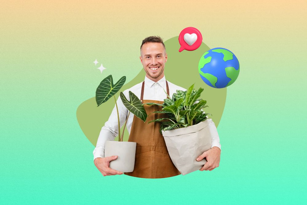 Man holding houseplant, creative environment  editable remix