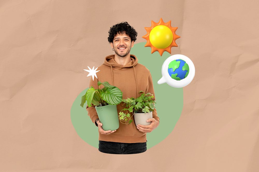 Man holding houseplant, creative environment  editable remix