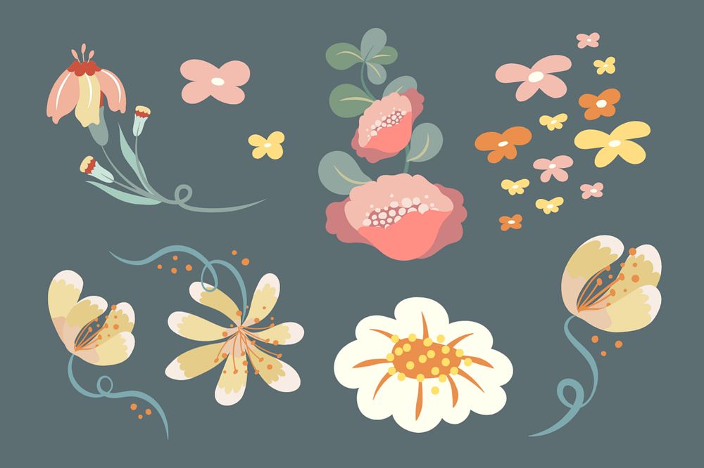 Editable flower collage elements, colorful doodle set