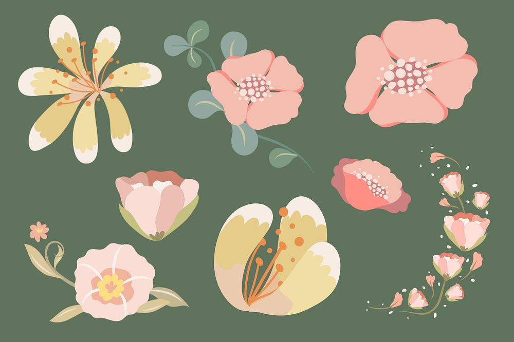 Editable flower collage elements, pastel doodle set