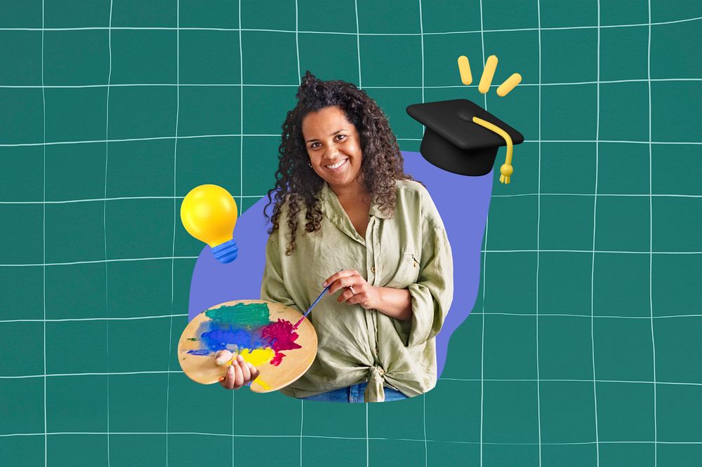 Woman painter smiling, creative art & education  editable remix