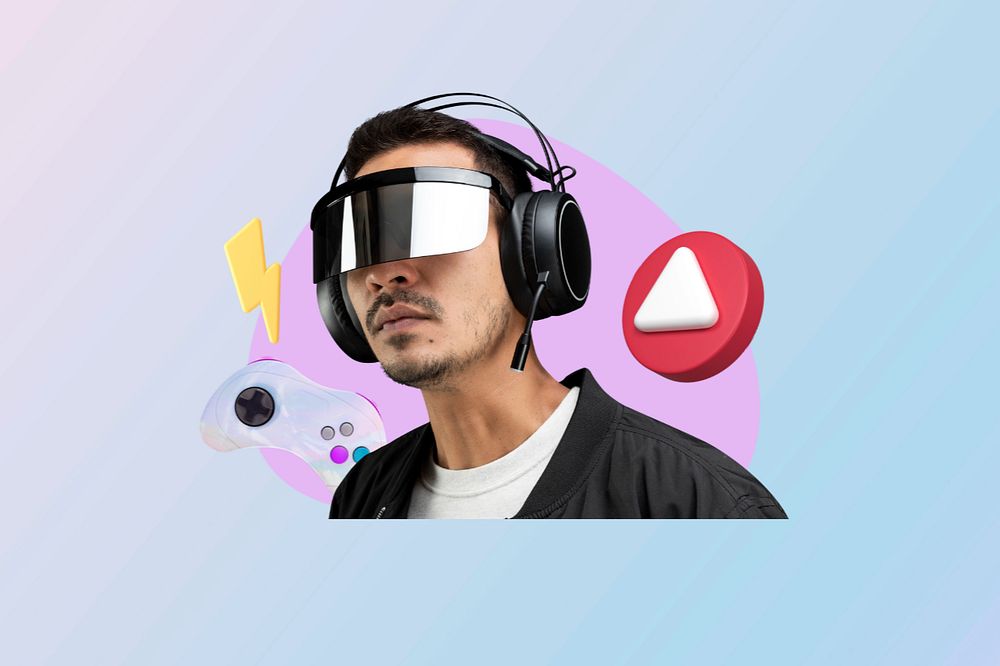 Man wearing smart glasses, creative gaming  editable remix