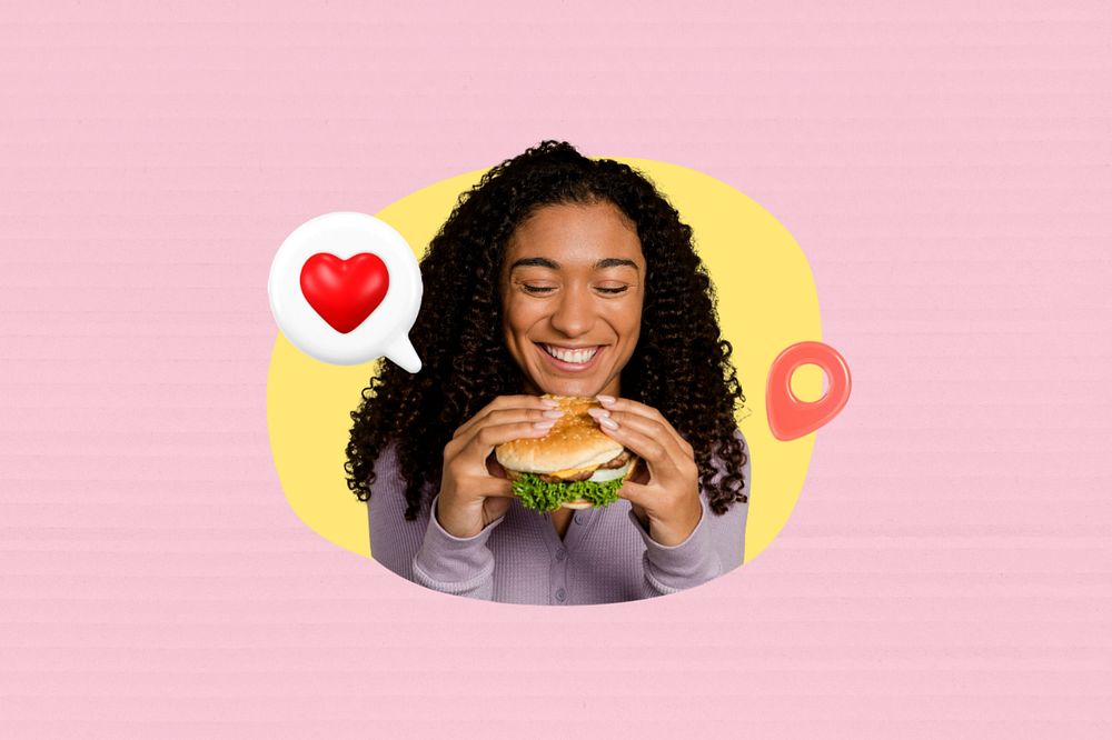 Woman eating burger, creative food  editable remix