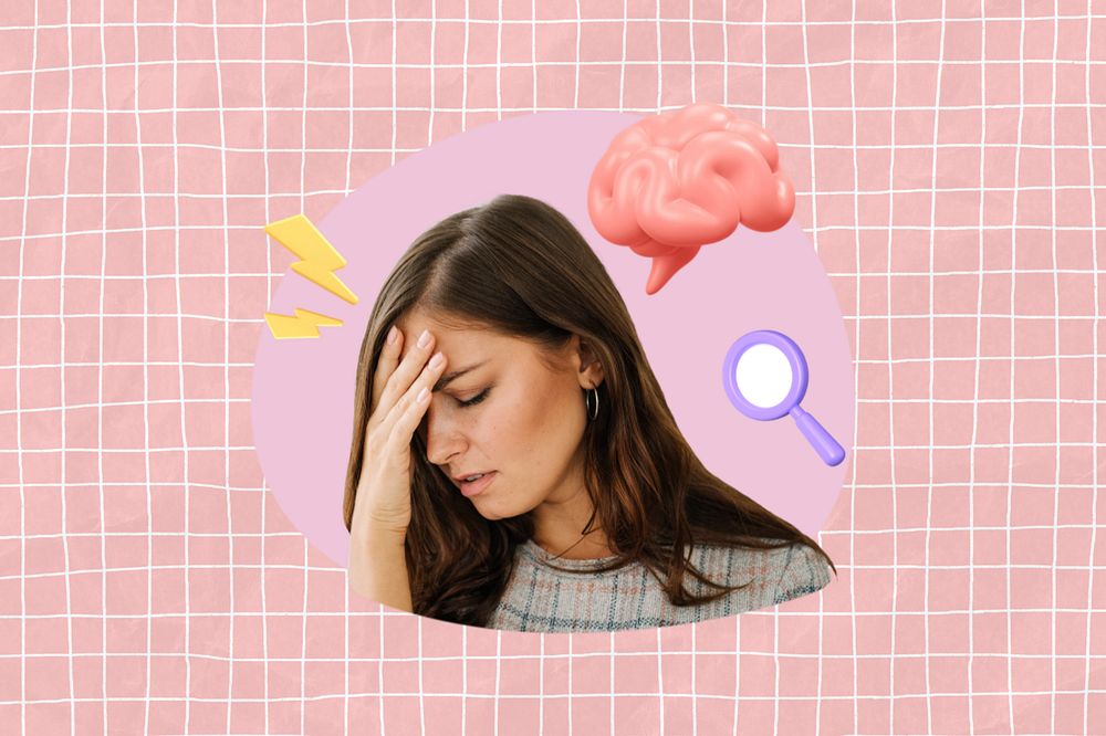 Businesswoman having headache, creative health  editable remix