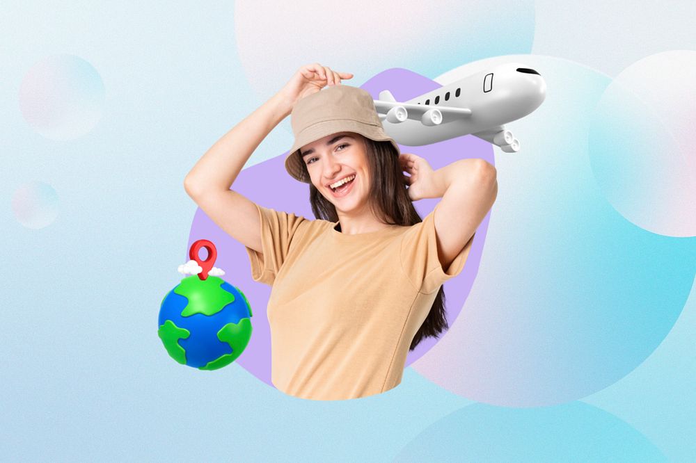 Cheerful tourist woman, creative travel  editable remix