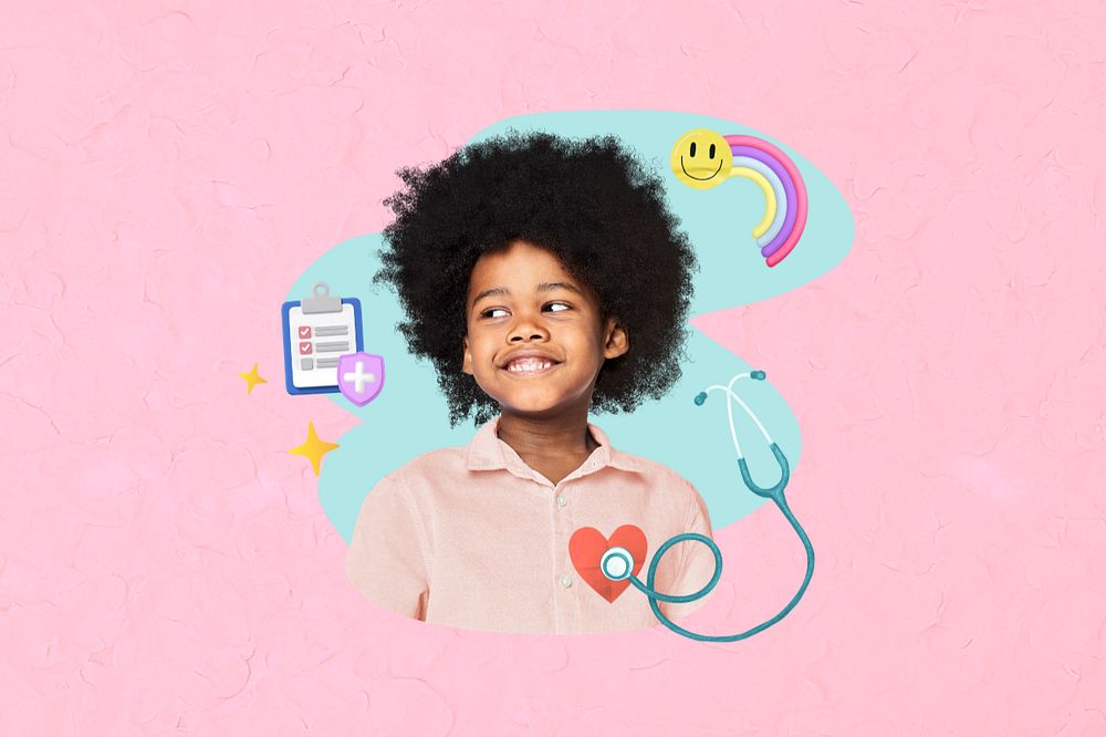 Smiling afro kid, children's health  editable remix