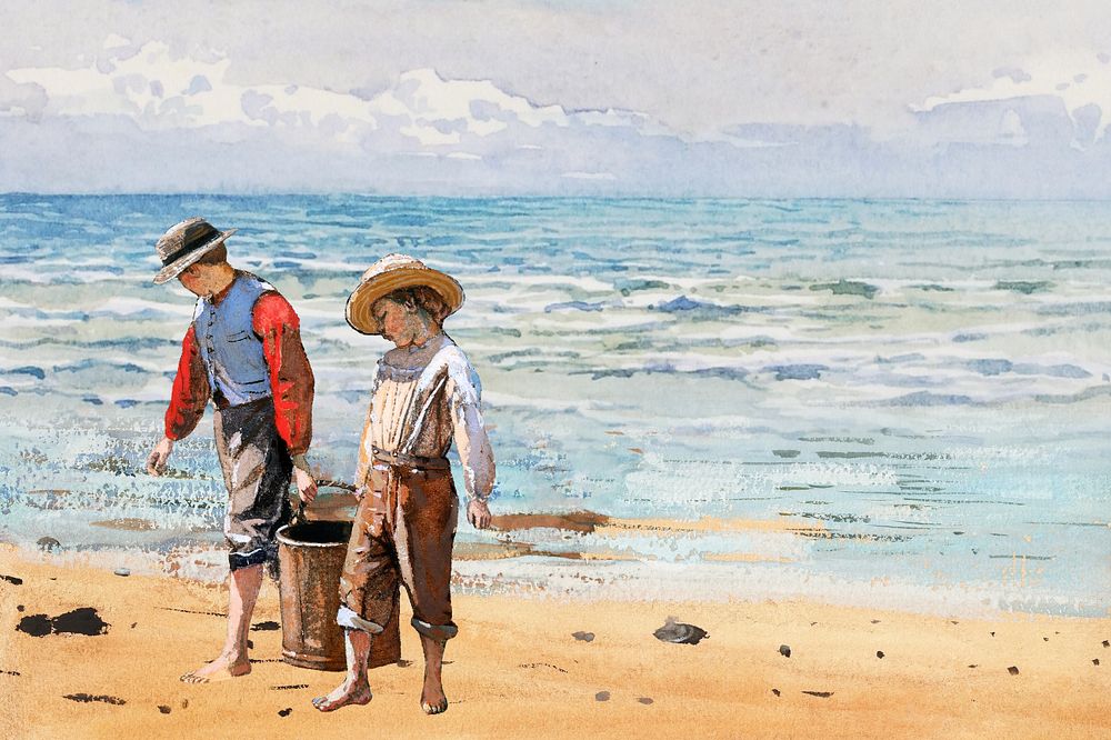 Watercolor boys at beach, editable remix design