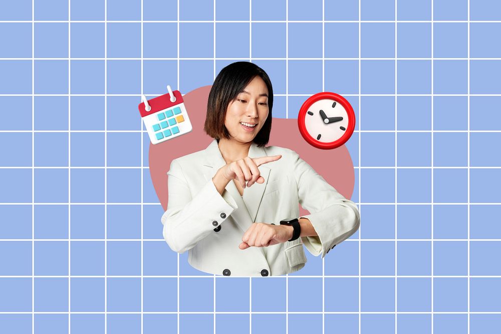 Businesswoman using smartwatch, business hours  editable remix