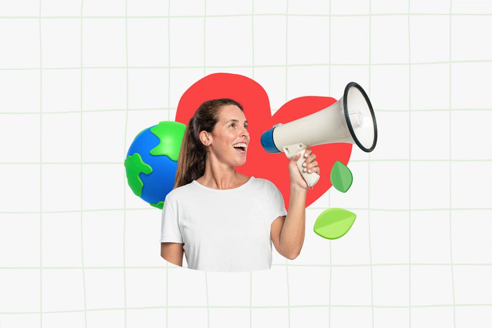 Woman activist holding megaphone, environment  editable remix