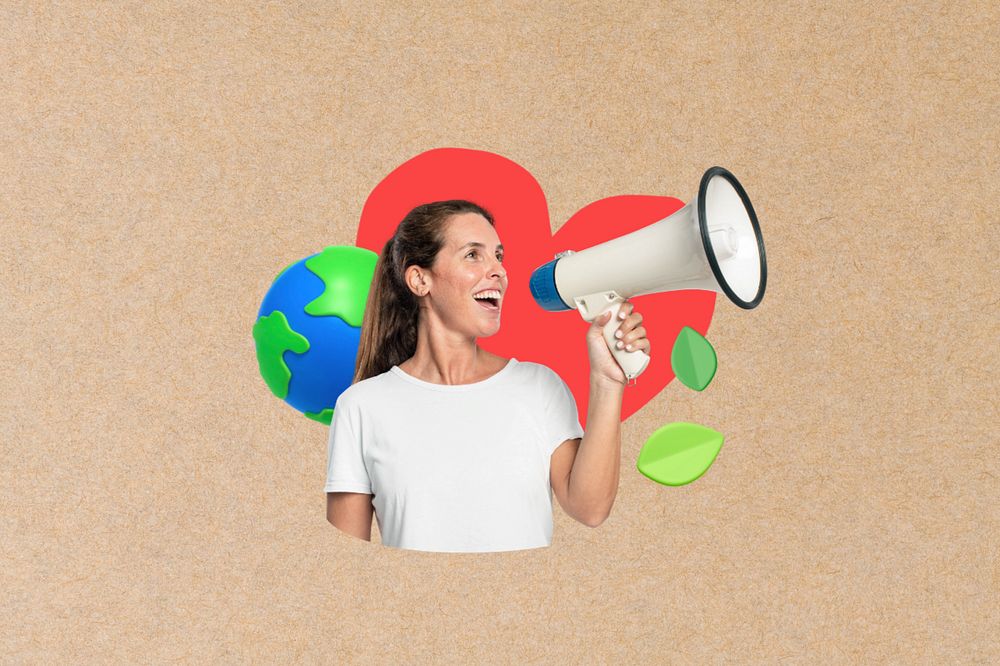 Woman activist holding megaphone, environment  editable remix