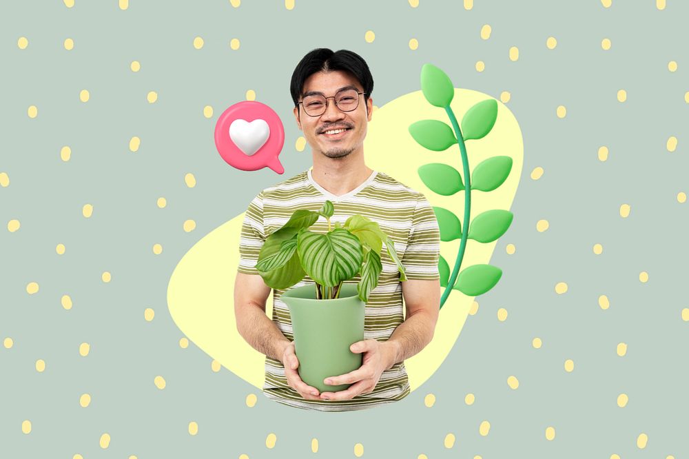 Asian man holding houseplant, hobby  editable remix