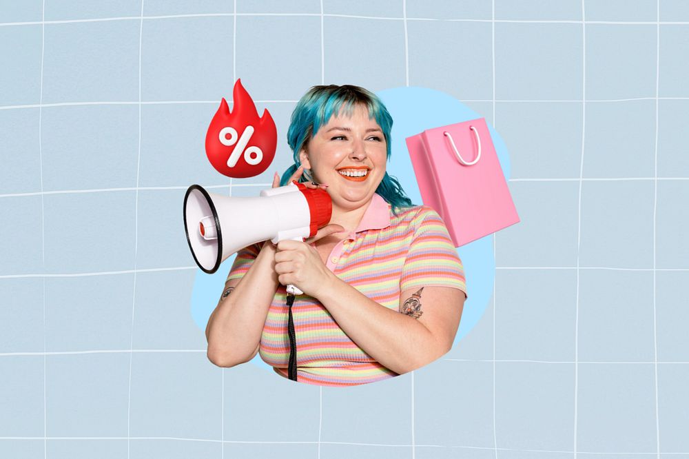 Woman holding megaphone, sale, shopping  editable remix