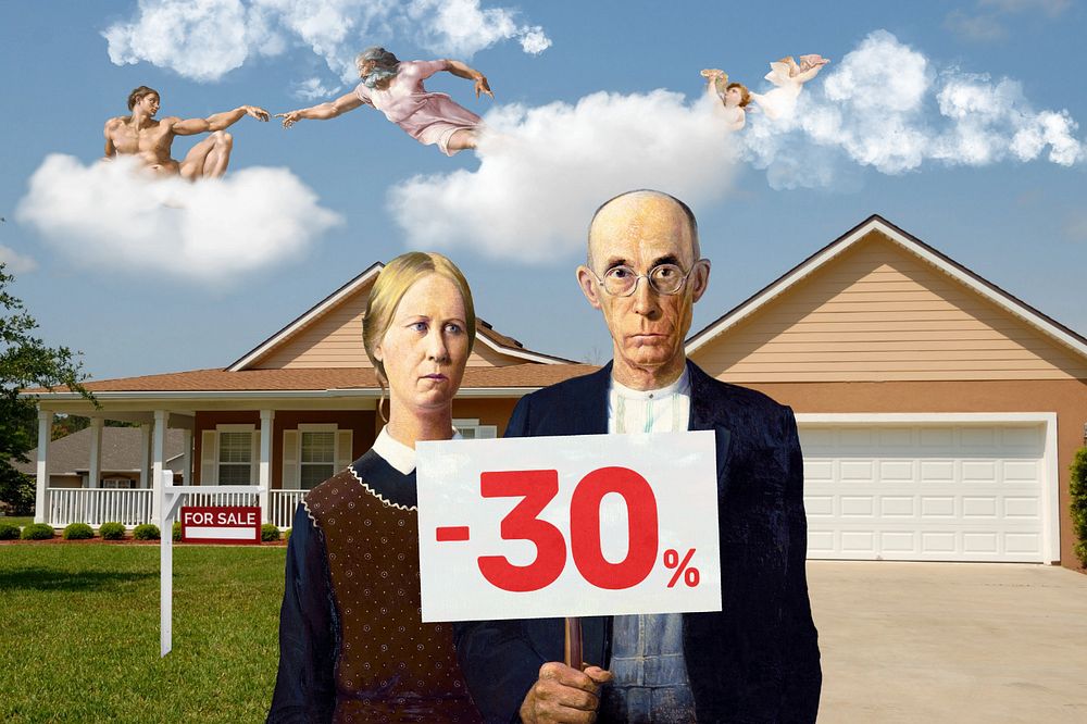 Real estate discount, American Gothic famous artwork remixed by rawpixel.