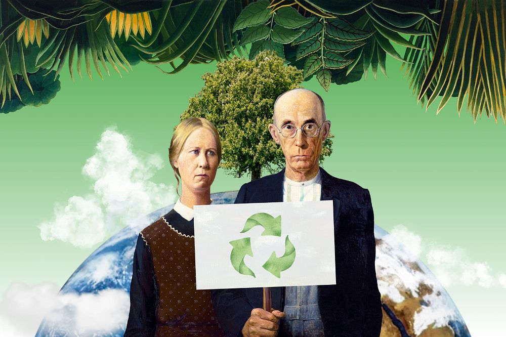 American Gothic holding recycle sign, famous artwork remixed by rawpixel.