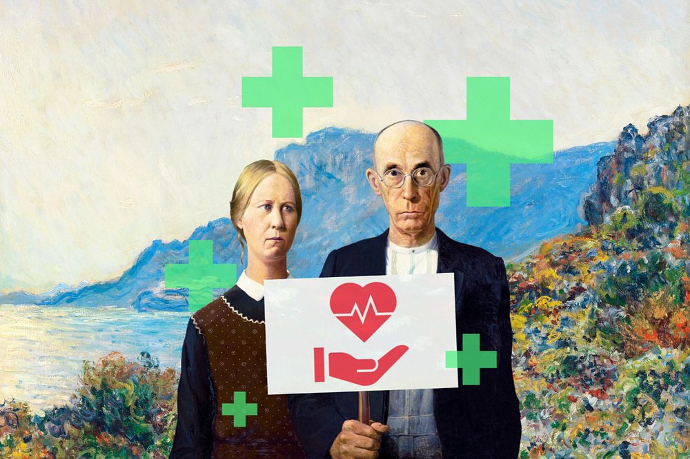 American Gothic holding life support sign, famous artwork remixed by rawpixel.