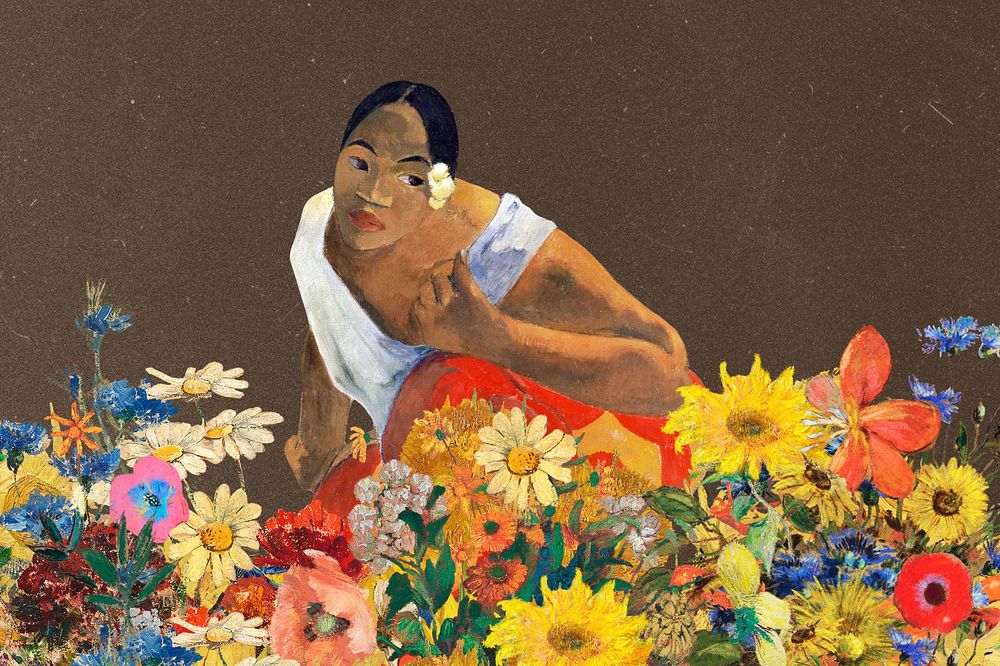 Woman and vintage flowers, Paul Gauguin’s famous artwork, remixed by rawpixel.