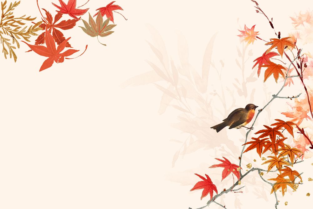 Vintage Autumn background, maple leaf branch, bird border