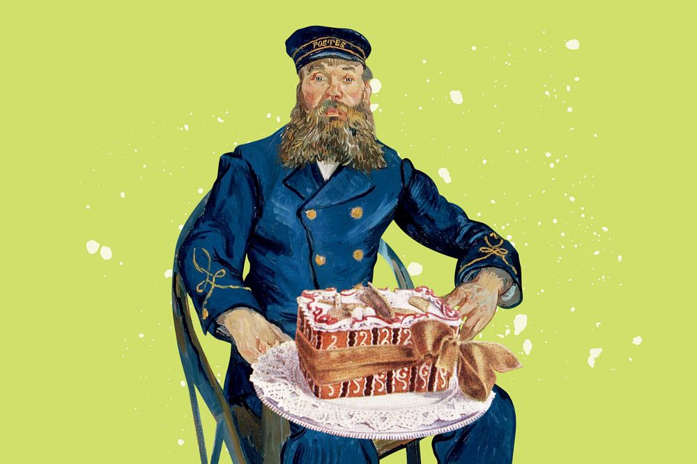 Van Gogh's postman portrait, man eating cake background, famous artwork remixed by rawpixel