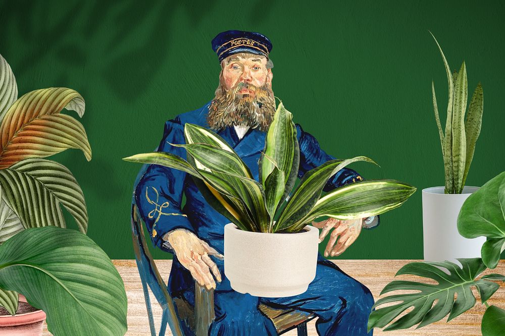 Van Gogh's postman portrait, houseplant lover background, famous artwork remixed by rawpixel