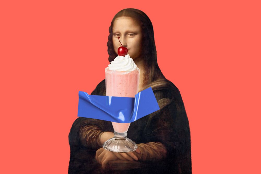 Mona Lisa drinking milkshake, famous painting, remixed by rawpixel