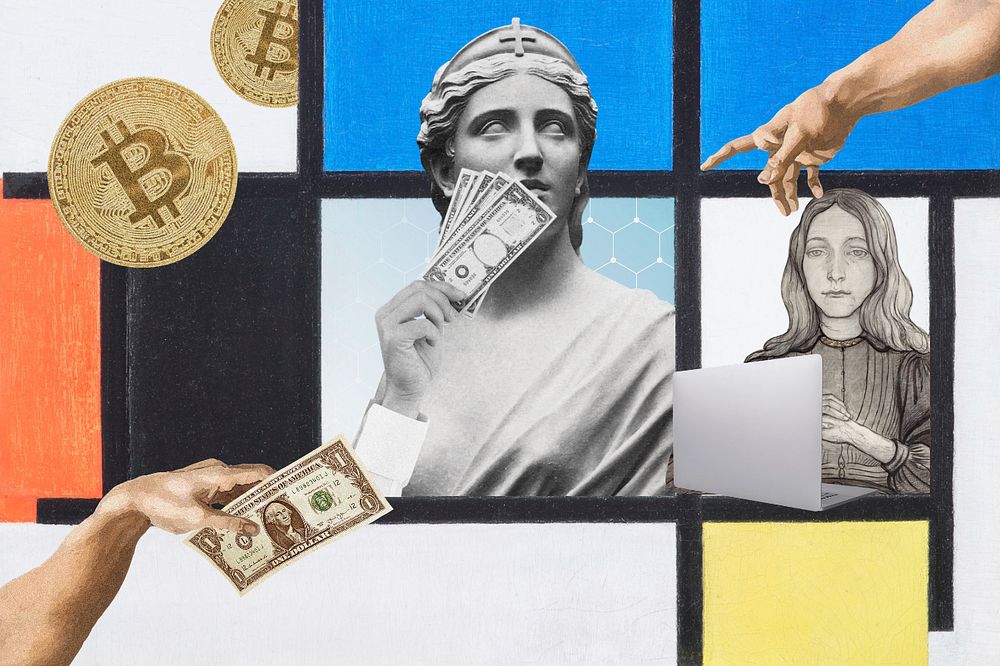 Greek Goddess holding cash, cryptocurrency aesthetic, finance remix