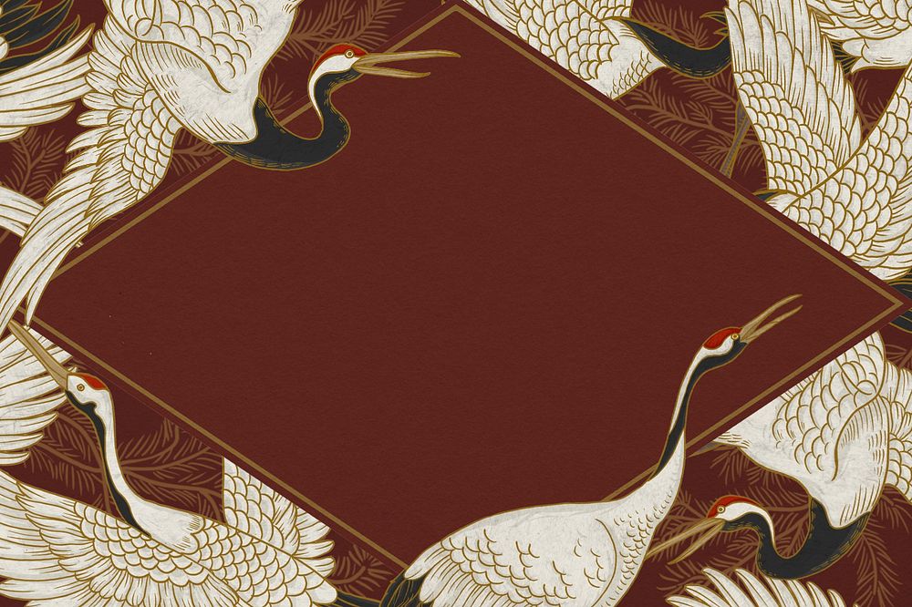 Vintage Japanese cranes background, rhombus frame, editable design