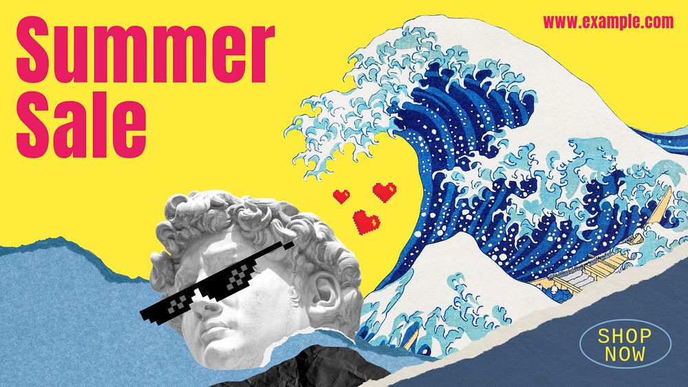 Summer sale PowerPoint presentation template, The Great Wave off Kanagawa famous artwork remixed by rawpixel.