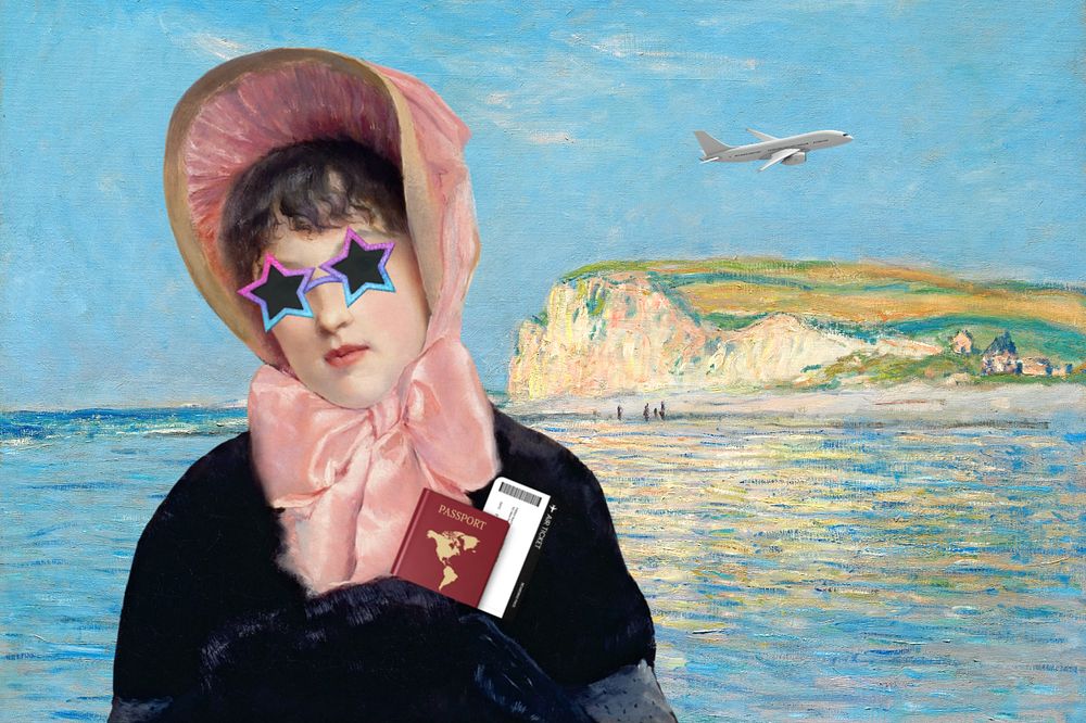 Vintage woman holding passport, travel concept, Jacques-Emile Blanche's and Monet's illustrations remixed by rawpixel.